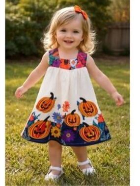 Cream Pumpkin & Floral Halloween Dress for Kids
